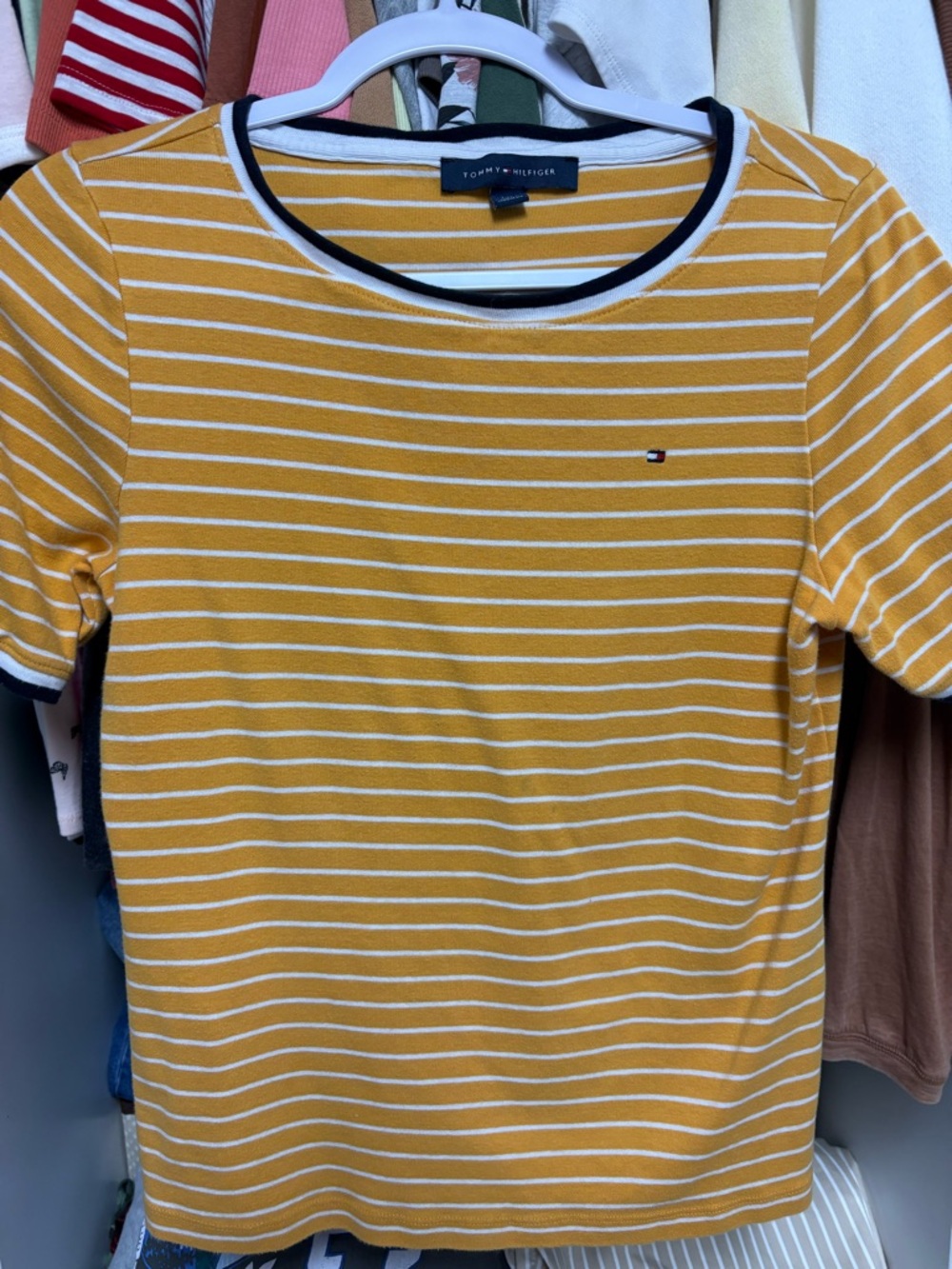 Tommy Hilfiger Yellow and White Striped Short-Sleeve Tee